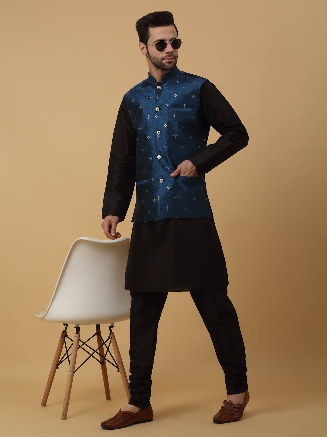 Blue kurta fashion black jacket